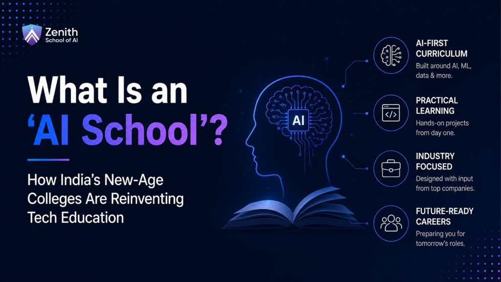 Explainer graphic on what an AI-first school is and how it differs from a traditional B.Tech